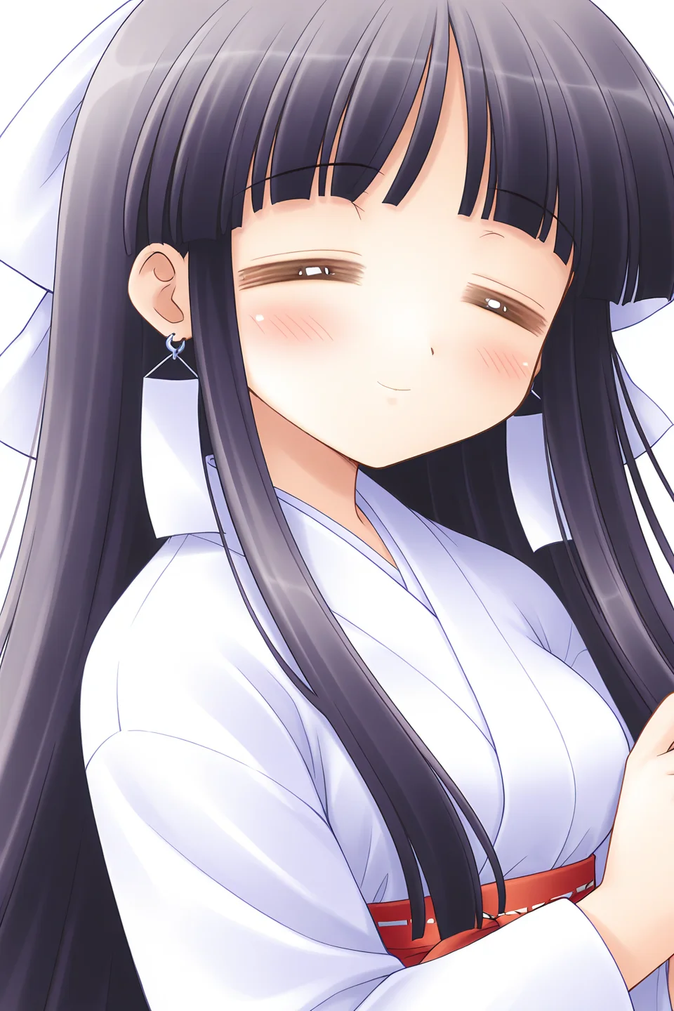 masterpiece, best quality, absurdres, official art, official style, general BREAK <lora:arisakamatsuri_IL_v1-2:0.7>, arisaka matsuri, 1girl, solo, purple eyes, black hair, purple hair, very long hair, blunt bangs, hime cut, sidelocks, hair ribbon, white ribbon, medium breasts, large breasts, earrings, miko, white kimono, long sleeves, wide sleeves, upper body, portrait, close-up,
blush, = =, closed eyes, closed mouth, peaceful, smile
