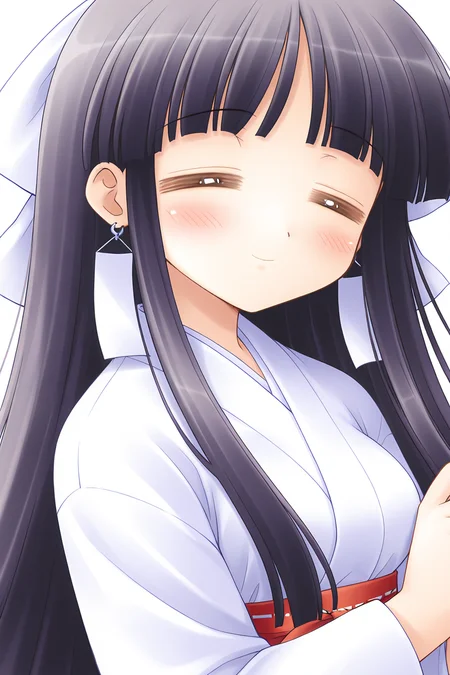 masterpiece, best quality, absurdres, official art, official style, general BREAK <lora:arisakamatsuri_IL_v1-2:0.7>, arisaka matsuri, 1girl, solo, purple eyes, black hair, purple hair, very long hair, blunt bangs, hime cut, sidelocks, hair ribbon, white ribbon, medium breasts, large breasts, earrings, miko, white kimono, long sleeves, wide sleeves, upper body, portrait, close-up,
blush, = =, closed eyes, closed mouth, peaceful, smile