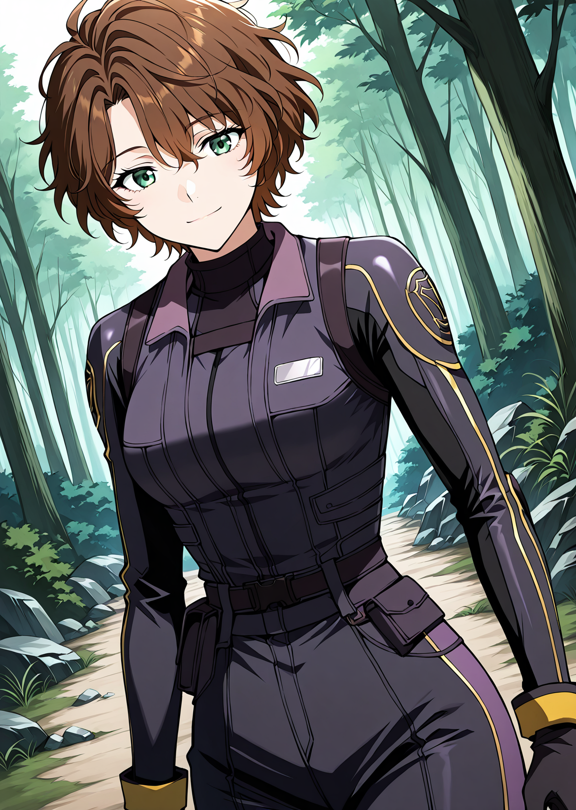 <lora:Caria_Rede__The_Beginning_After_the_End___Illustrious:1>
1 girl, solo, short hair, messy hair, wavy brown hair, green eyes, athletic body, 
black and purple combat suit, gold line details, gloves and boots
score_9, score_8_up, score_7_up, very aesthetic, source_anime, detailed, high quality, beautiful, masterpiece, detailed eyes, forest, tree, ruins, cowboy shot, dynamic angle, upper body, light smile, dynamic pose
