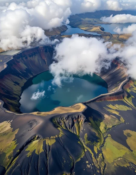 By Maria Isabel Ruiz. A bird's eye view of a volcanic landscape with a large crater and a small lake surrounded by dense clouds. the image is taken from an above camera angle, capturing the intricate details of the volcanic landscape and the surrounding water. in the center of the image, a large, crater-like lake is visible, partially obscured by the dense clouds, creating a dramatic contrast between the dark, volcanic rock and the bright blue of the lake. the lake is still and calm, reflecting the light and creating a sense of serenity. the surrounding landscape is lush and green, with patches of grass and other vegetation scattered throughout. the overall effect is one of awe and wonder, with the vastness of the landscape stretching out before the viewer.