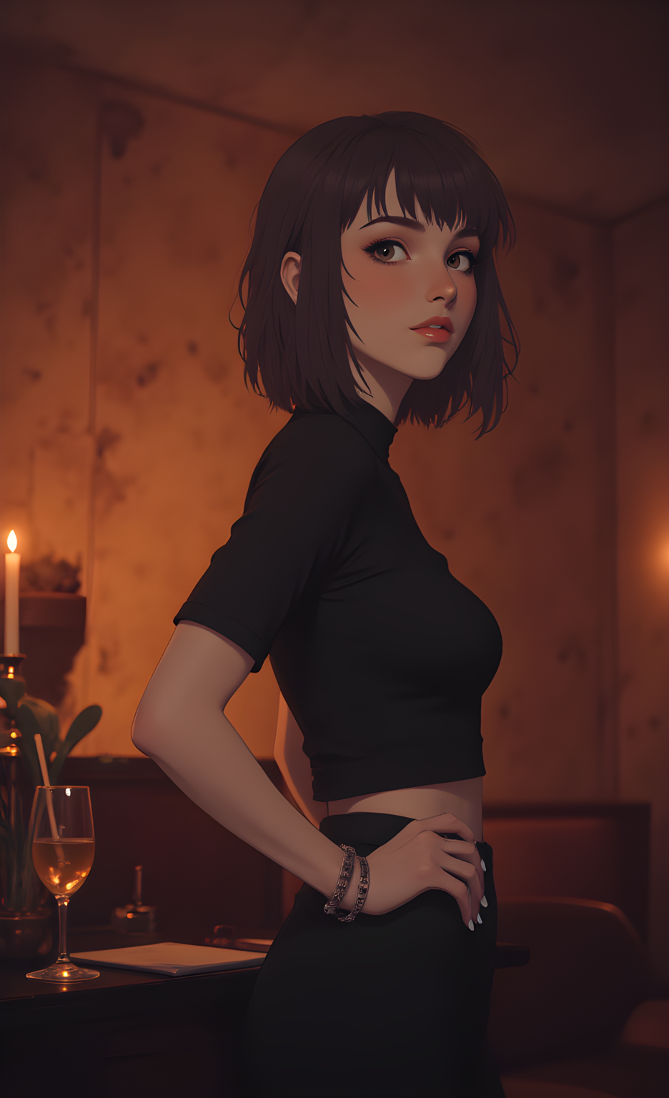 The scene is enveloped in a warm, intimate glow, where the subject stands as a figure of quiet confidence and elegance. The background is rich with deep, earthy tones that create a sense of sophistication and mystery. Her hair is styled in a sleek bob, its dark hue complementing the overall ambiance of the setting. She wears a form-fitting black top that accentuates her silhouette, adding an air of understated allure.
Her posture is poised yet relaxed, one hand resting lightly on her hip while the other hangs gracefully by her side. A delicate bracelet adorns her wrist, catching the light subtly and adding a touch of refinement to her appearance. Her nails are painted white, their pristine color contrasting beautifully with the darker tones of her outfit and the warm backdrop.
The lighting casts soft shadows across her skin, highlighting the contours of her face and shoulders. The interplay of light and shadow creates a sense of depth and dimension, enhancing the overall mood of the image. In the foreground, a glass filled with a golden liquid sits on a surface, its presence suggesting a moment of leisure or contemplation. The overall atmosphere is one of quiet sophistication, capturing a fleeting instant where the subject embodies both strength and grace amidst the warmth of the surroundings., <lora:FLUX\jul\J_Anime:0.7>, <lora:FLUX\RealAnime:0.7>
