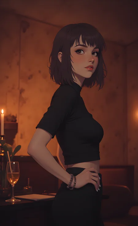 The scene is enveloped in a warm, intimate glow, where the subject stands as a figure of quiet confidence and elegance. The background is rich with deep, earthy tones that create a sense of sophistication and mystery. Her hair is styled in a sleek bob, its dark hue complementing the overall ambiance of the setting. She wears a form-fitting black top that accentuates her silhouette, adding an air of understated allure.
Her posture is poised yet relaxed, one hand resting lightly on her hip while the other hangs gracefully by her side. A delicate bracelet adorns her wrist, catching the light subtly and adding a touch of refinement to her appearance. Her nails are painted white, their pristine color contrasting beautifully with the darker tones of her outfit and the warm backdrop.
The lighting casts soft shadows across her skin, highlighting the contours of her face and shoulders. The interplay of light and shadow creates a sense of depth and dimension, enhancing the overall mood of the image. In the foreground, a glass filled with a golden liquid sits on a surface, its presence suggesting a moment of leisure or contemplation. The overall atmosphere is one of quiet sophistication, capturing a fleeting instant where the subject embodies both strength and grace amidst the warmth of the surroundings., <lora:FLUX\jul\J_Anime:0.7>, <lora:FLUX\RealAnime:0.7>