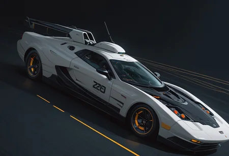 white supercar, sci-fi, brutal and powerful, cyberpunk, dynamic, high speed turn, coastal road, dutch angle, foreshortening, (dark space :1), (flat lighting, flat color, flat design, no lineart:1), spot color, film grain, local spot color, neon, pearlescent, masterpiece, best quality, amazing quality, very aesthetic, absurdres, newest, mcnm