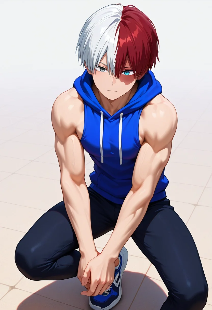 masterpiece, best quality, intricate details, (3d:0.4), , , 1boy, solo, male focus, <lora:shouto_todoroki_ilxl:0.92>, shouto_todoroki, white hair, red hair, grey eyes, blue eyes, heterochromia, short hair, hair between eyes, bangs, multicolored hair, two-tone hair, split-color hair, burn scar, scar on face, , Zigzag Cashmere Tangerine Woven joggers, Sleeveless muscle hoodie, Sneakers, , and
