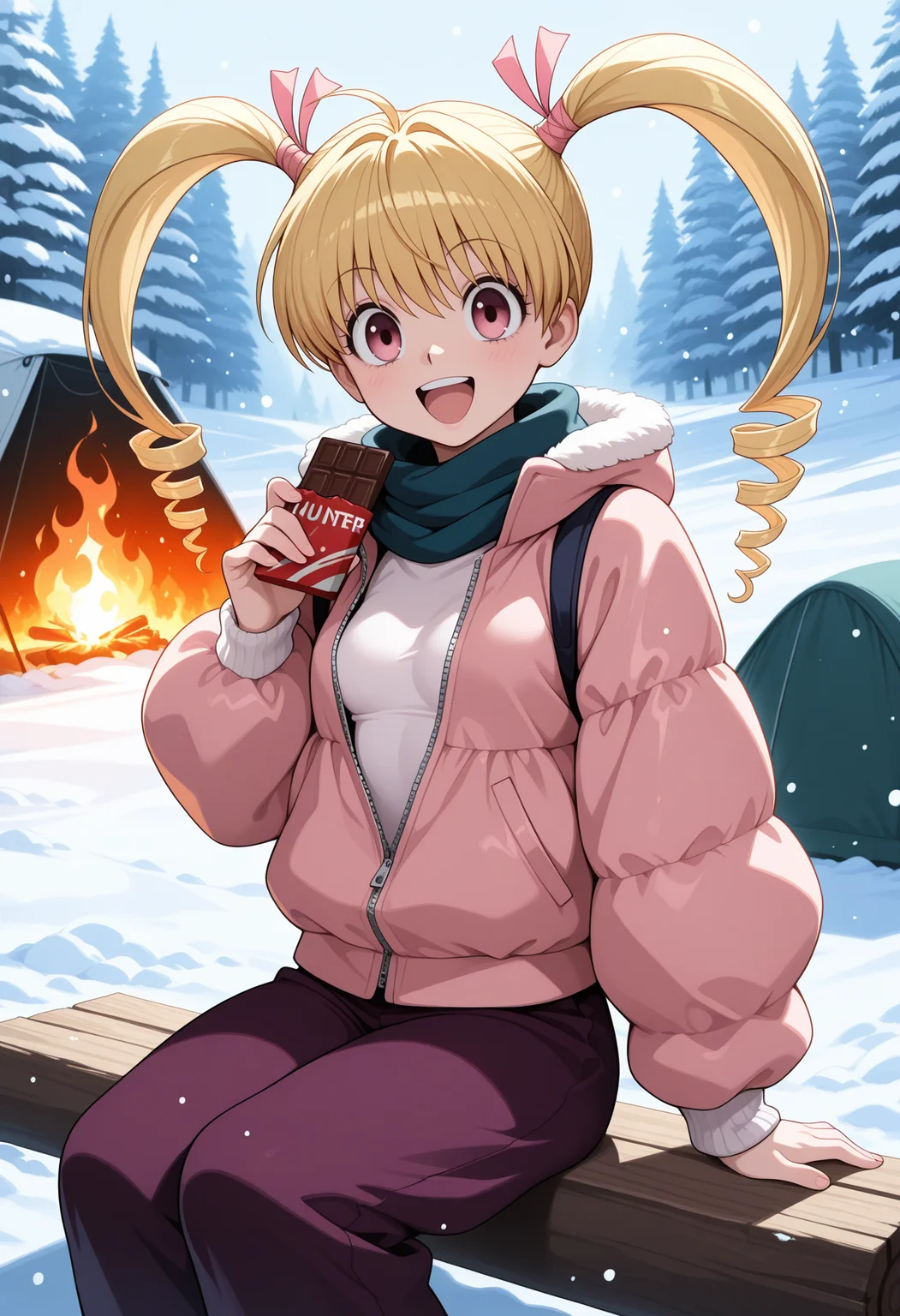 1girl, solo, pink eyes, blonde hair, long hair, twin drills, hair ribbon, pink ribbon, looking at viewer, hunter x hunter, small breasts,
outdoors, snow, camping, fire,sitting, snowing, watching chocolate bar, :d, holding chocolate, puffy jacket, winter trousers, winter outfit, scarf, zipped,
,masterpiece,best quality,amazing quality,
<lora:bisky_meipaws:.9>