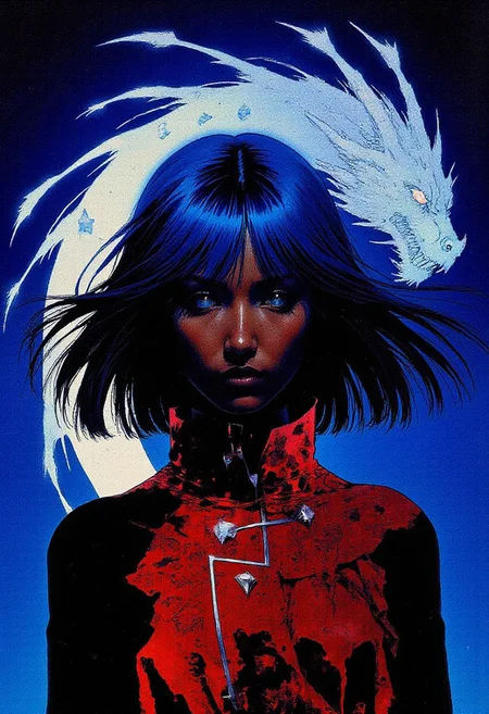 Illustration by Frank Frazetta, drkfnts style, spectral glow, chromatic grain, By Donna Young, j_art—A hyper-realistic close-up portrait of a dark-skinned woman with glowing indigo hair flowing in long, exaggerated, floating strands, her radiant bronze undertones accentuating her surreal allure. Her hair frames her face, with asymmetrical bangs casting delicate shadows across her features, adding an enigmatic charm. Captured in a three-quarter profile with an angled perspective, her piercing cerulean eyes gaze directly at the viewer with a captivating intensity. She wears a deep crimson avant-garde cloak, its textured fabric shimmering with abstract geometric patterns outlined in iridescent silver. The backdrop is a solid midnight blue, creating a bold, single-color canvas that emphasizes the abstract elements of her design. The majestic silhouette of a fantastical dragon with elongated, flowing tendrils in radiant platinum arcs behind her, partially obscuring her profile and blending harmoniously into the setting. Her floating hair and the dragon's spectral essence converge seamlessly, creating a dynamic and surreal composition. The lighting, glowing softly from above, enhances the intricacy of her features, the folds of her cloak, and the bold interplay of colors, resulting in a visually stunning, otherworldly masterpiece. HD, 8K quality, ultra-detailed, flawless anatomy, and artistic perfection.