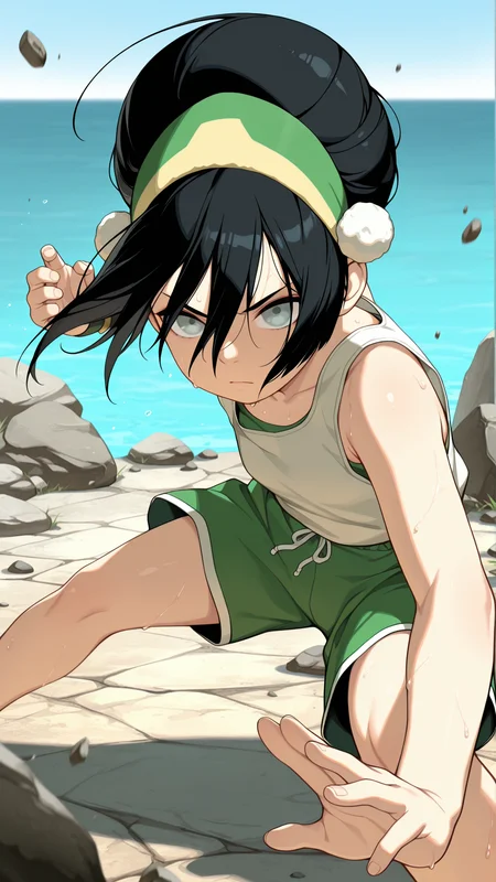 masterpiece,best quality,amazing quality, absurdres, solo, 1girl, <lora:IlluToph:1> illutoph, blind, grey eyes, black hair, hair between eyes, hair bun, hairband, tank top, green dolphin shorts, fighting stance, outdoors, rock, serious, sweat, floating hair,