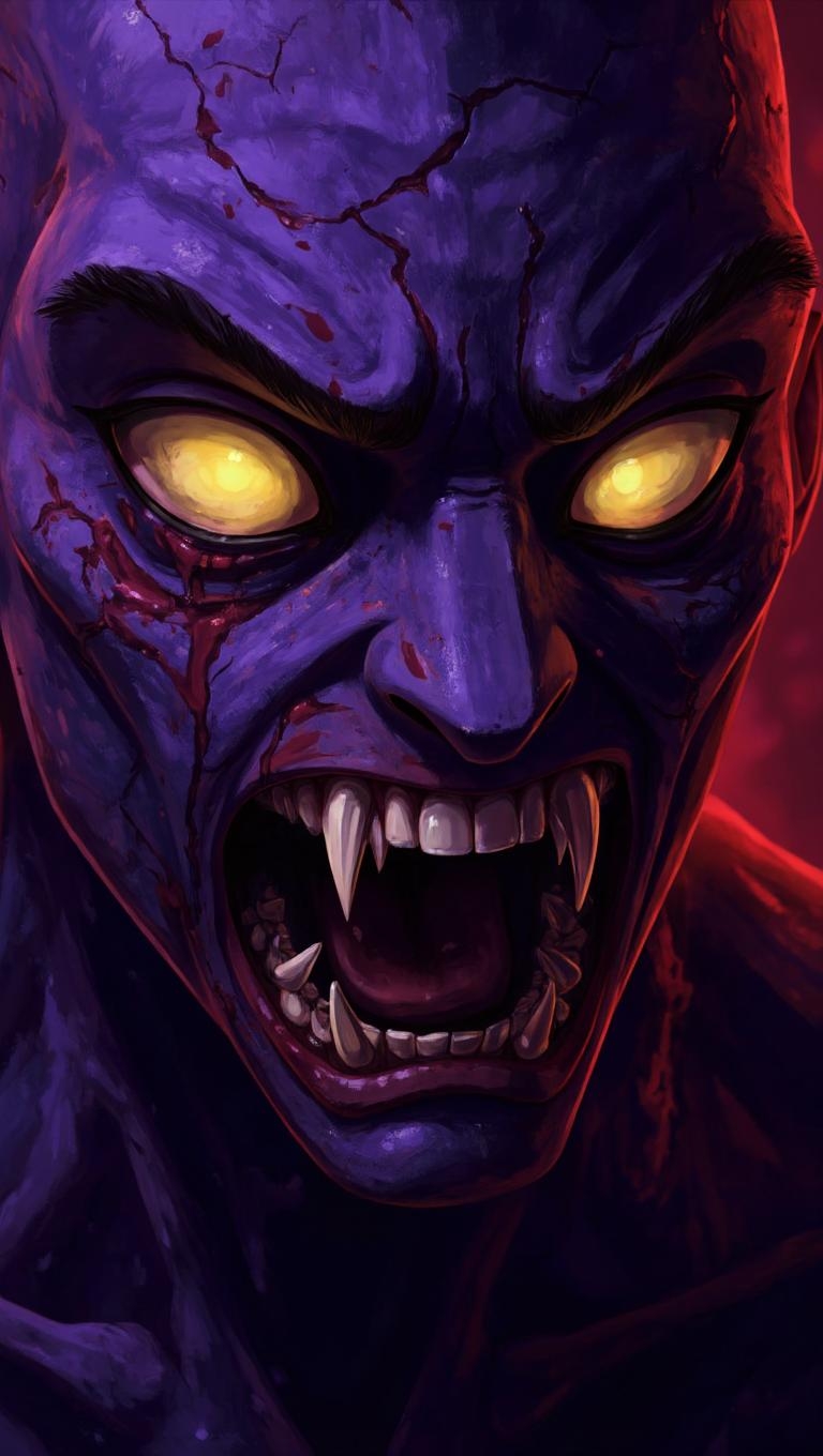<lora:ck-LttleGhost-000011.safetensors:1> in the style of ck-lttlegh0stA close-up portrait of a grotesque purple-skinned zombie, captured from an unsettling low angle to amplify its menacing presence. Yellow eyes glow hypnotically, surrounded by cracked and decaying skin highlighted with vibrant red splashes. The subject's twisted mouth reveals razor-sharp fangs, dripping with malevolent intent. Dark fantasy artistry blends vivid colors with eerie realism, perfect for horror enthusiasts and collectors.