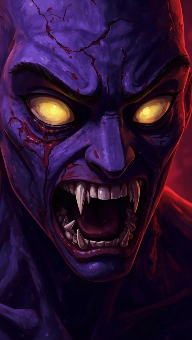<lora:ck-LttleGhost-000011.safetensors:1> in the style of ck-lttlegh0stA close-up portrait of a grotesque purple-skinned zombie, captured from an unsettling low angle to amplify its menacing presence. Yellow eyes glow hypnotically, surrounded by cracked and decaying skin highlighted with vibrant red splashes. The subject's twisted mouth reveals razor-sharp fangs, dripping with malevolent intent. Dark fantasy artistry blends vivid colors with eerie realism, perfect for horror enthusiasts and collectors.