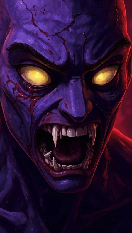 <lora:ck-LttleGhost-000011.safetensors:1> in the style of ck-lttlegh0stA close-up portrait of a grotesque purple-skinned zombie, captured from an unsettling low angle to amplify its menacing presence. Yellow eyes glow hypnotically, surrounded by cracked and decaying skin highlighted with vibrant red splashes. The subject's twisted mouth reveals razor-sharp fangs, dripping with malevolent intent. Dark fantasy artistry blends vivid colors with eerie realism, perfect for horror enthusiasts and collectors.