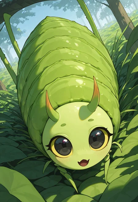 score_9, score_8_up, score_7_up, score_6_up, score_5_up, score_4_up, Expressiveh, (feral insect girl, feral caterpillar girl:1.2), full body shot, rearing up, perky breasts, green caterpillar, open mouth, cute, petite, (arms down at sides), single orange horn, (two-pronged horn), green body, leaves, looking at viewer, ((crawling, slithering, many legs:1.2), big bulbous head, long body, centipede legs:1.3), black eyes, (dilated pupils), yellow sclera, big eyes, outdoors, blue sky, sunny day, black stripes, dutch angle, diagonal view