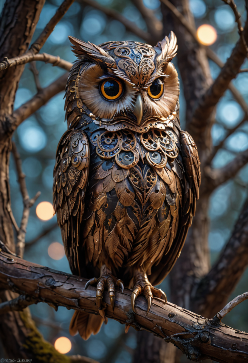 Steampunk style A stunningly intricate mechanical steampunk owl perches gracefully on a gnarled tree branch, its piercing gaze fixed directly upon the viewer. The creature's eyes are exquisitely detailed, reflecting the ethereal glow of a dark nebula that shimmers in the background. Soft bokeh adds an air of mystery to this captivating scene. . Antique, mechanical, brass and copper tones, gears, intricate, detailed