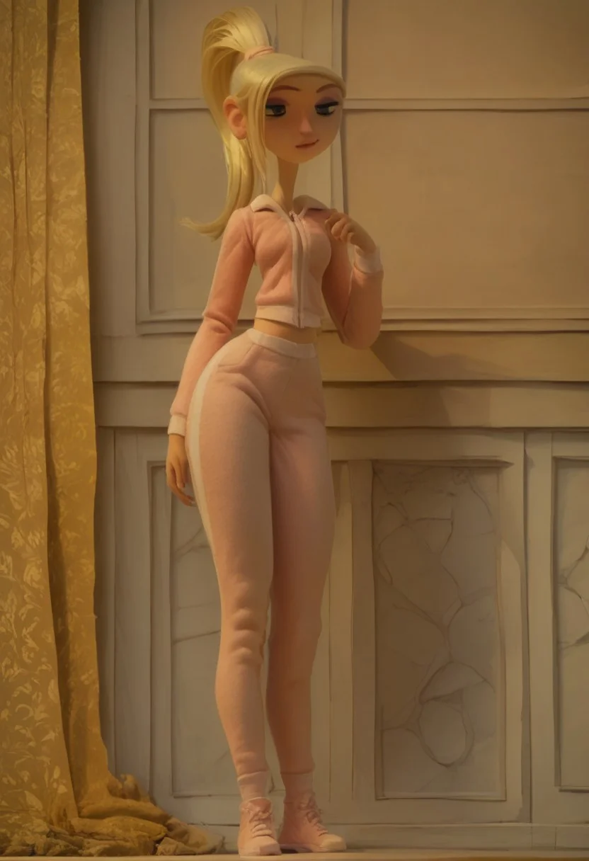 Score_9_up, score_8_up, score_7_up, 1girl, solo, cbock, blonde hair, Ponytail
pink jacket, pink gympants, 3/4 view
full body, sexy pose, standing