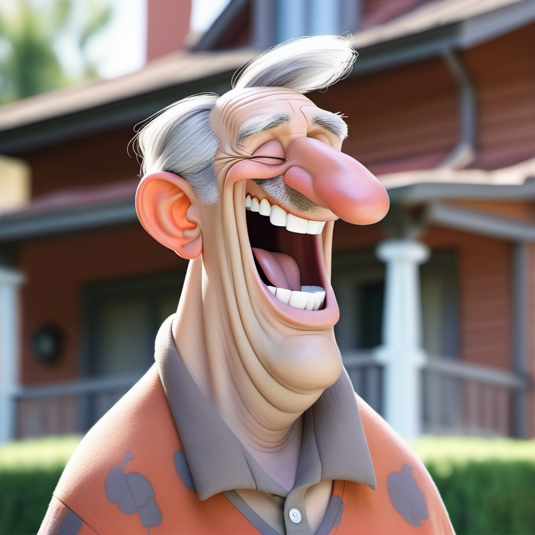 a man with big nose and gray hair laughing, blurred suburban house background  <lora:SamaritanEsdxl:0.7>