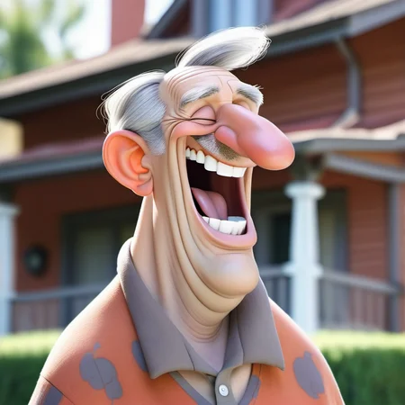 a man with big nose and gray hair laughing, blurred suburban house background  <lora:SamaritanEsdxl:0.7>