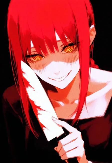 concept art, sketch, best quality, high quality, anime, solo, 1girl, Makima \(Chainsaw Man\), tilted angle, detailed eyes, looking at viewer, smug, grin, yandere, spiral eyes, holding knife, kitchen knife, bloody knife, blush, #96YOTTEA