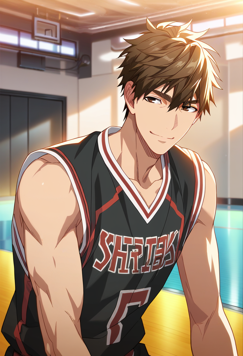 1boy, male focus, solo
<lora:Character - Kuroko no Basuke - Teppei Kiyoshi:1> teppeik, brown eyes, brown hair
,((zPDXL)), score_9_up, score_8_up, score_7_up, score_6_up, score_5_up, score_4_up, best quality, amazing quality, best aesthetic, absurdres, year2023, uncensored, nsfw, official art, official style, depth of field, detailed eye,
indoors, basketball court, 
black basketball uniform, standing, smile, cowboy shot, 
 <lora:Style - Expressive_H-000001:1> expressiveh
