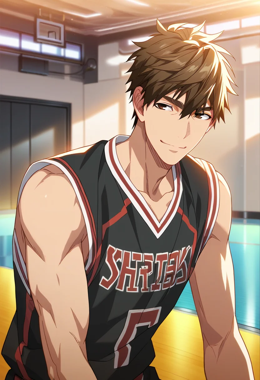 1boy, male focus, solo
<lora:Character - Kuroko no Basuke - Teppei Kiyoshi:1> teppeik, brown eyes, brown hair
,((zPDXL)), score_9_up, score_8_up, score_7_up, score_6_up, score_5_up, score_4_up, best quality, amazing quality, best aesthetic, absurdres, year2023, uncensored, nsfw, official art, official style, depth of field, detailed eye,
indoors, basketball court,
black basketball uniform, standing, smile, cowboy shot,
<lora:Style - Expressive_H-000001:1> expressiveh