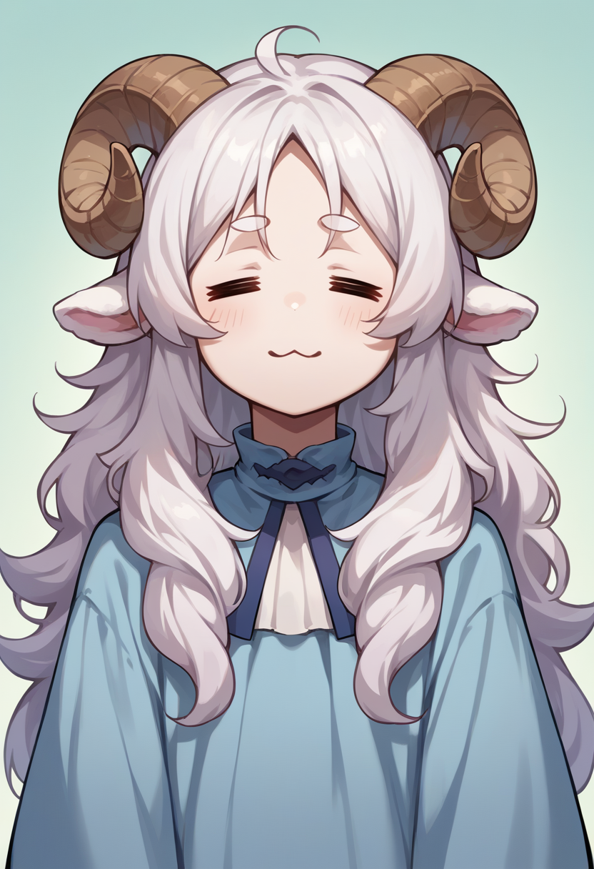 score_9, score_8_up, source_anime, 1girl, solo, =w=, :3, = =, eyes closed, white hair, long hair, messy hair, sheep girl, sheep horns, pale skin, light blue dress, <lora:ChamElfExpressionPonyXL:1>