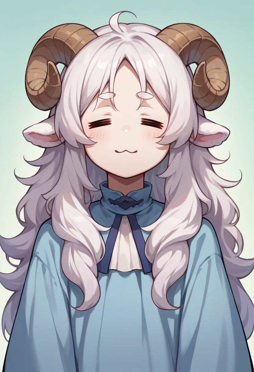 score_9, score_8_up, source_anime, 1girl, solo, =w=, :3, = =, eyes closed, white hair, long hair, messy hair, sheep girl, sheep horns, pale skin, light blue dress, <lora:ChamElfExpressionPonyXL:1>