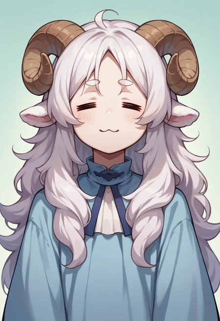 score_9, score_8_up, source_anime, 1girl, solo, =w=, :3, = =, eyes closed, white hair, long hair, messy hair, sheep girl, sheep horns, pale skin, light blue dress, <lora:ChamElfExpressionPonyXL:1>