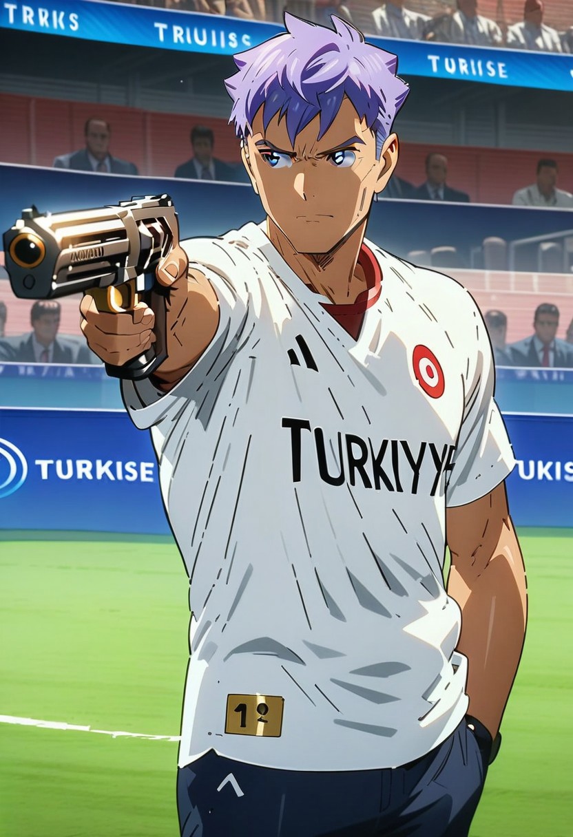 masterpiece, best quality, anime man, Turkish Killer Pose, Look at the gun, Aiming,