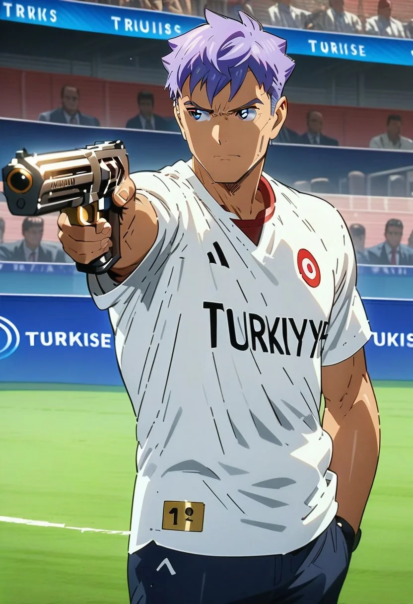 masterpiece, best quality, anime man, Turkish Killer Pose, Look at the gun, Aiming,