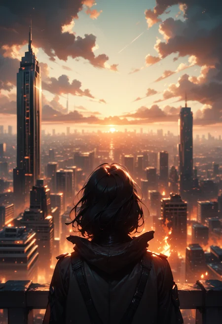 (score_9, score_8_up), score_7_up, 1girl, solo, black hair, sitting, outdoors, sky, cloud, from behind, fire, building, scenery, sunset, city, facing away, cityscape, skyscraper, city lights,
blurry, depth of field, CINE,
<lora:CINE-000012:0.8>