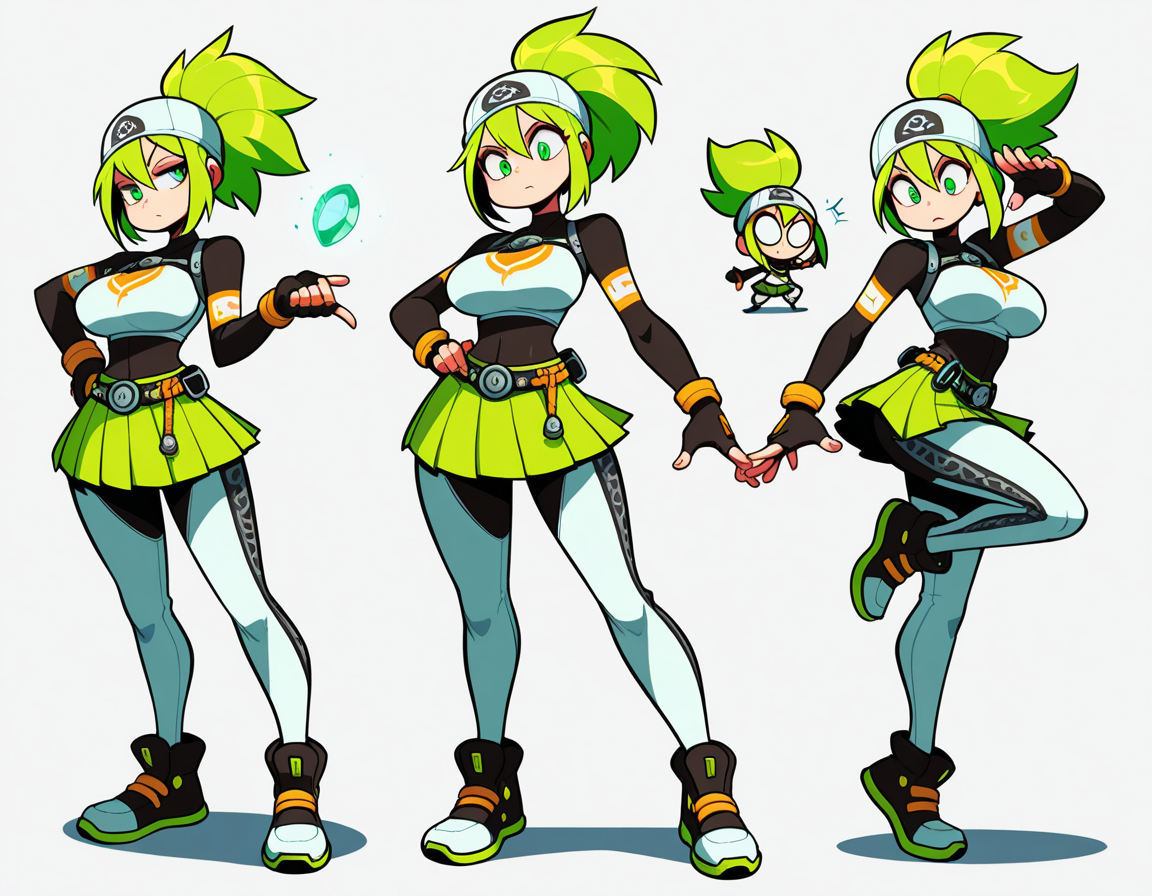 1_girl, green eyes,  medium  green ponytail hair , hat , medium skin tone , tall , breasts, (large breasts) , desperate expression ,   silver futuristic tribal top, pleated skirt , (MoreOutfits:1.5), (clothes variation), unique (multiple views:1), (3views), full body, looking at viewer, cool pose, (dynamic_pose:1.2), wide shot, (white background:1), (masterpiece:1.2), (best quality, highest quality), (ultra detailed), (8k, 4k, intricate), detailed eyes, BREAK, (vivid high contrast colors), (expressive energetic ), short cartoony simplistic angular art style mix of wakfu, (speedoru:0.6), (diives:0.7),  
 <lora:DarkfireToon2:0.3>     <lora:last:0.5>
