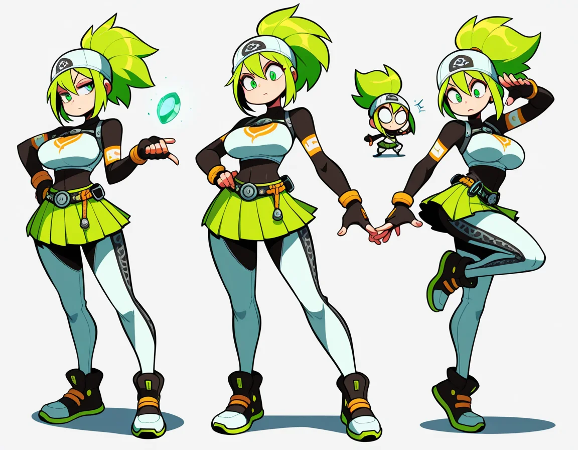 1_girl, green eyes, medium green ponytail hair , hat , medium skin tone , tall , breasts, (large breasts) , desperate expression , silver futuristic tribal top, pleated skirt , (MoreOutfits:1.5), (clothes variation), unique (multiple views:1), (3views), full body, looking at viewer, cool pose, (dynamic_pose:1.2), wide shot, (white background:1), (masterpiece:1.2), (best quality, highest quality), (ultra detailed), (8k, 4k, intricate), detailed eyes, BREAK, (vivid high contrast colors), (expressive energetic ), short cartoony simplistic angular art style mix of wakfu, (speedoru:0.6), (diives:0.7),
<lora:DarkfireToon2:0.3> <lora:last:0.5>