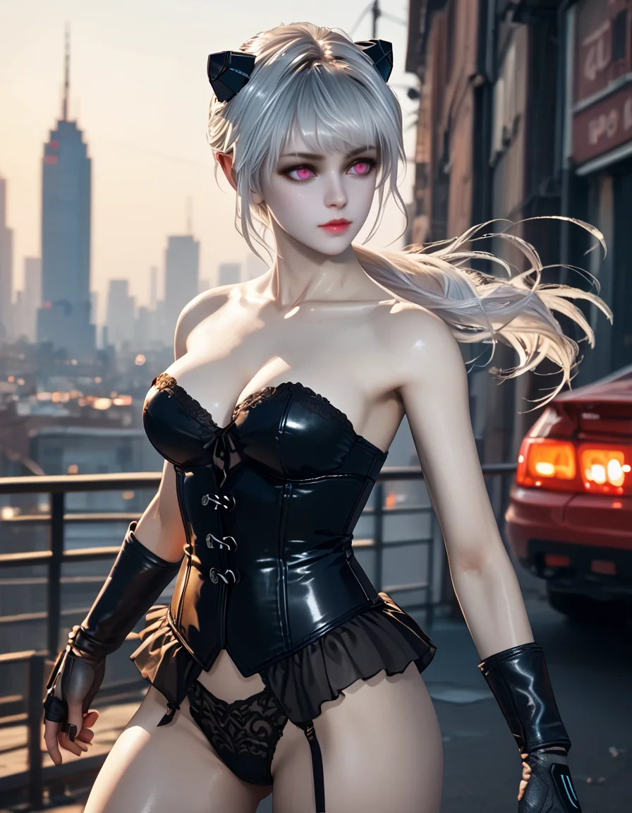 score_9,score_8_up,score_7_up, 1girl, BREAK,<lora:VelinaPonyXL:.8> vmvelina, pale skin, black horns, white hair, pink eyes, cleavage, ponytail, hair over shoulder, BREAK, red steel-boned corset, BREAK, dynamic pose, BREAK, blade runner, cityscape, futuristic, BREAK,