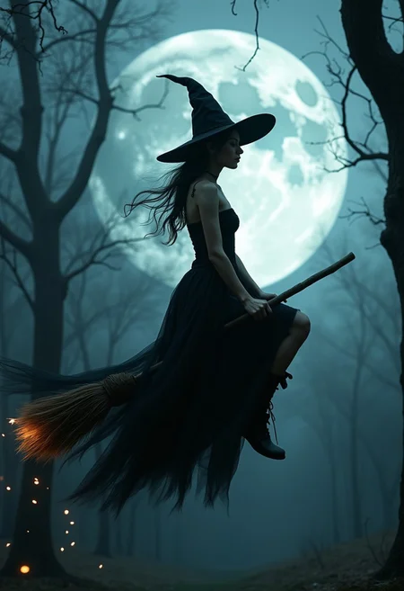sexy witch wearing a flowing gown, witch hat, black goth boots, riding a broom across a moonlit sky,
Ethereal, Gothic, Enchanted, Foggy Forest, Moonlit, Mystical, Witching Hour, Embers, Pale Skin, Ancient Magic,