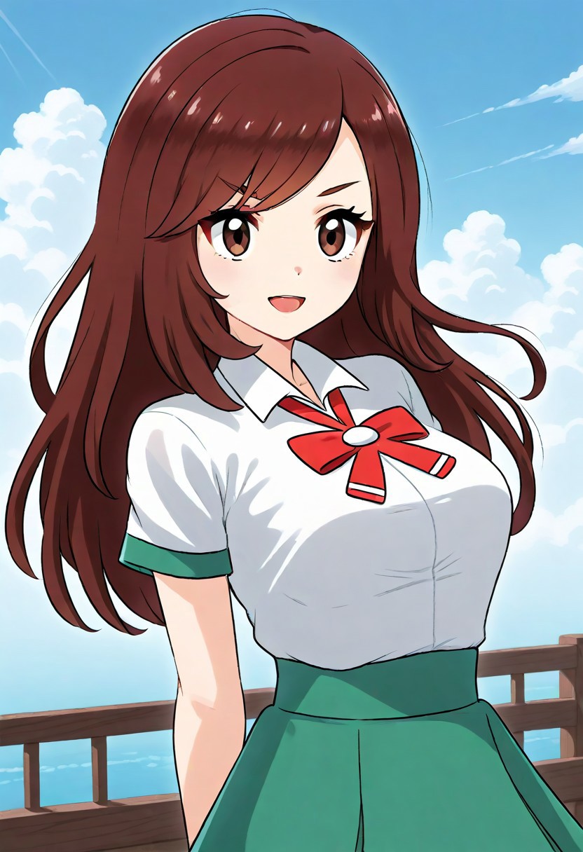 2d, masterpiece, best quality, amazing quality, 1girl, solo, close-up, standing, smile, standing, cowboy shot, looking at viewer, clouds, sky ,lasslgpe, lass \(pokemon lgpe\), brown eyes, brown hair, long hair, bangs, white shirt, collared shirt, short sleeves, red bowtie, green skirt, pleated skirt, miniskirt, upper body, score_9, score_8_up, score_7_up,source_anime, arms behind back
