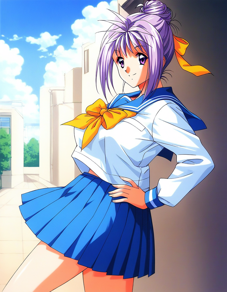 score_9, score_8_up, score_7_up, source_anime, rating_explicit, BREAK  <lora:Katagiri_Ayako_XL:1>ãKatagiriAyako, light purple hair, single hair bun, short hair, large breasts, purple eyes
1990s \(style\),
1girl, solo, school uniform, serafuku, bow, skirt, yellow bow, hand on hip, sailor collar, blue skirt, smile, long sleeves, pleated skirt
outdoor, blue sky, day,