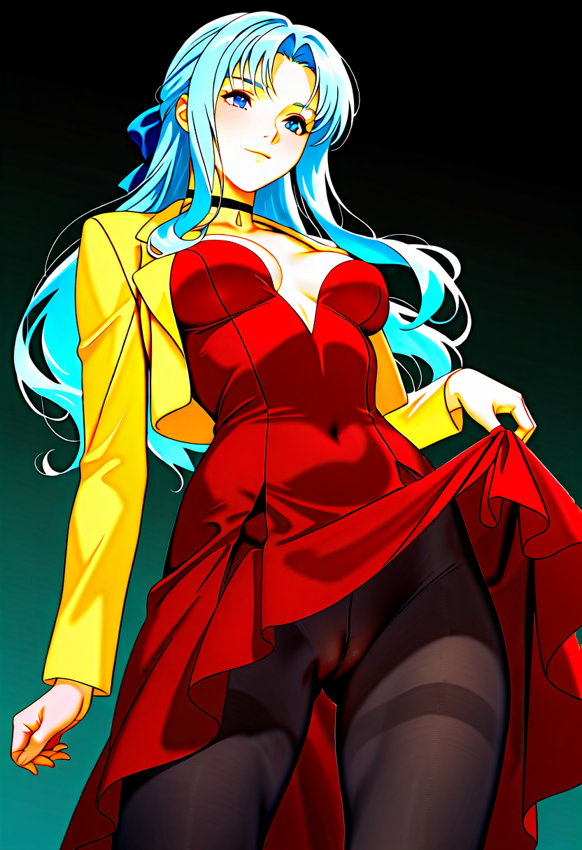 score_9, score_8_up, score_7_up, score_6_up, solo, Sylia_Stingray, blue hair, blue eyes, long hair, half updo,  choker, red dress, yellow jacket, skirt, pantyhose, hair bow, detailed eyes, perfect face, perfect eyes, beautiful eyes, petite body, medium breasts, standing, posing, light smile, simple background, from below, dress top pulled down revealing breasts, lifting up skirt revealing pussy,