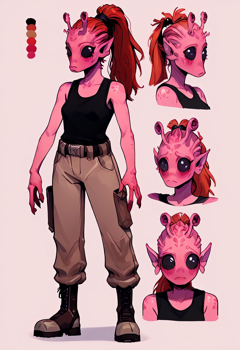 score_7_up, score_8_up, score_9, masterpiece, (1girl, solo,)perfect face, perfect hands, high quality, source_anime,rodian, colored skin, alien, 1girl, colored skin, alien, pink skin,pinkskin, pink skintone, red dreads hair, red hair, ponytail,pointy breasts, torpedo breasts,small breasts, torpedo tits, black tank top, baggy khaki cargo pants, work boots, black eyes, shy face, standing,CharacterDesignXL,reference sheet, (full body, from side, front:1.1), upper body, cartoon,multiple views of the same character,model sheet,chatacter sheet
