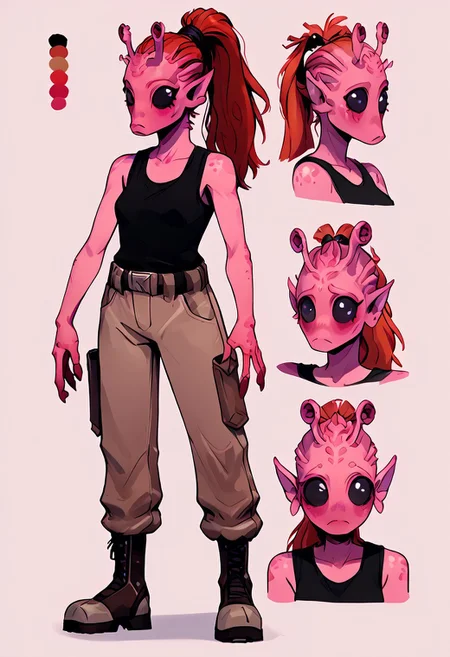 score_7_up, score_8_up, score_9, masterpiece, (1girl, solo,)perfect face, perfect hands, high quality, source_anime,rodian, colored skin, alien, 1girl, colored skin, alien, pink skin,pinkskin, pink skintone, red dreads hair, red hair, ponytail,pointy breasts, torpedo breasts,small breasts, torpedo tits, black tank top, baggy khaki cargo pants, work boots, black eyes, shy face, standing,CharacterDesignXL,reference sheet, (full body, from side, front:1.1), upper body, cartoon,multiple views of the same character,model sheet,chatacter sheet