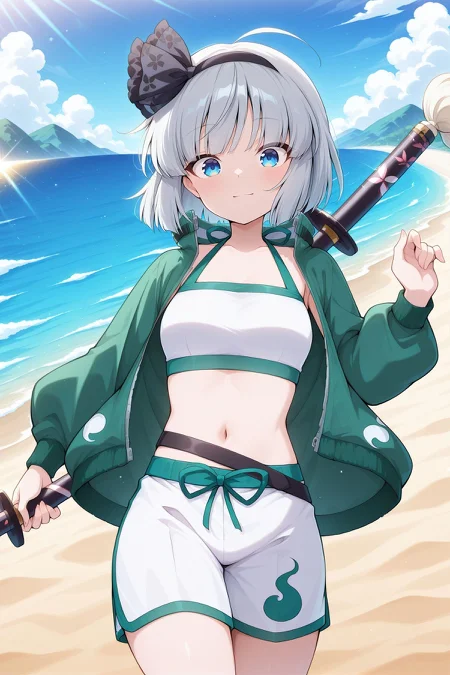 absurdres, highres, masterpiece, best quality, amazing quality, official anime artwork, screencap, anime screencap, outdoors, looking at viewer, light smile, dynamic pose, 
<lora:Youmu-Konpaku_IllustriousV2:1> konpaku youmu, 1girl, solo, blue eyes, grey hair, short hair, ahoge,, konpaku youmu \(sunny dual-wielder\), alternate costume, black hairband, hair bow, black bow, green jacket, long sleeves, white bikini, white shorts, black belt, sword on back, beach