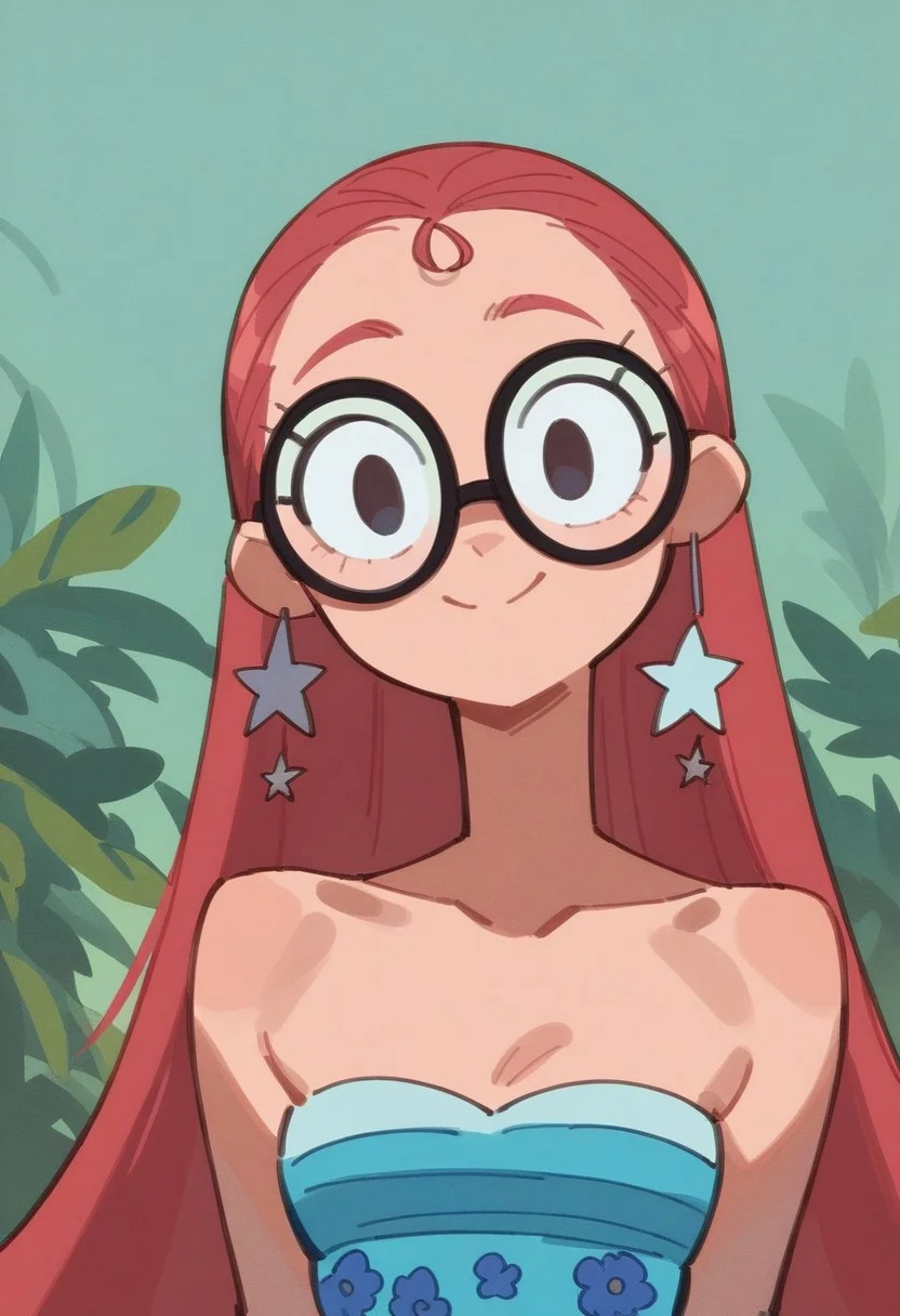 score_9_up, score_8_up, score_7_up, 1girl, oceanbird, red hair, long hair, glasses, star earrings, blue dress, strapless dress, looking at viewer, smile, closed mouth, upper body