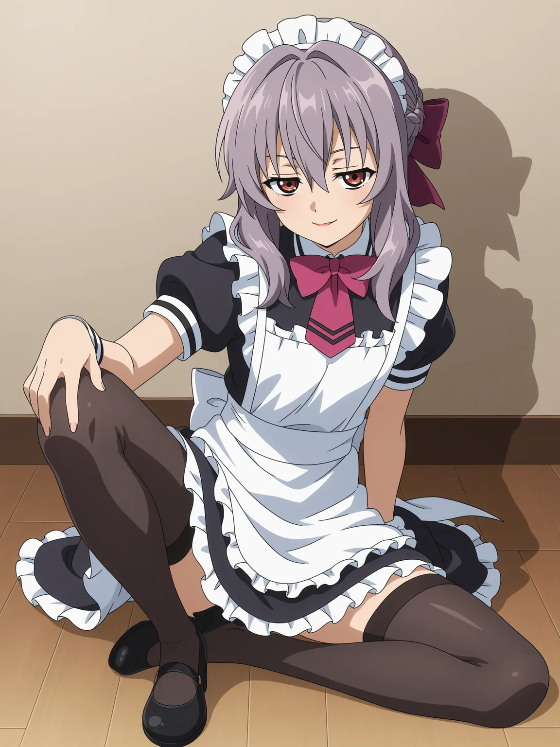 <lora:shinoa:1>,shinoa,seductive smile,full body,thighhighs,anime coloring,maid,