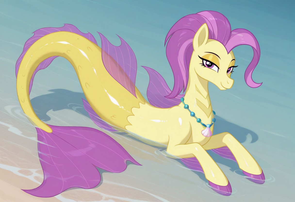 (masterpiece:1.2), (best quality:1.2), (very aesthetic:1.2), (absurdres:1.2), (detailed background), newest, sharp focus, perfect light, dynamic light, natural light, (best quality), my little pony, ocean flow, solo, water, purple eyes, 1girl, shell necklace, jewelry, no humans, purple hair, yellow skin, fins, looking at viewer, lidded eyes, yellow eyeshadow, dutch angle, shiny skin, glossy skin, shiny hair, glossy hair, full body, lying on back, beach, in water, siren, hippocampus, mermaid tail
