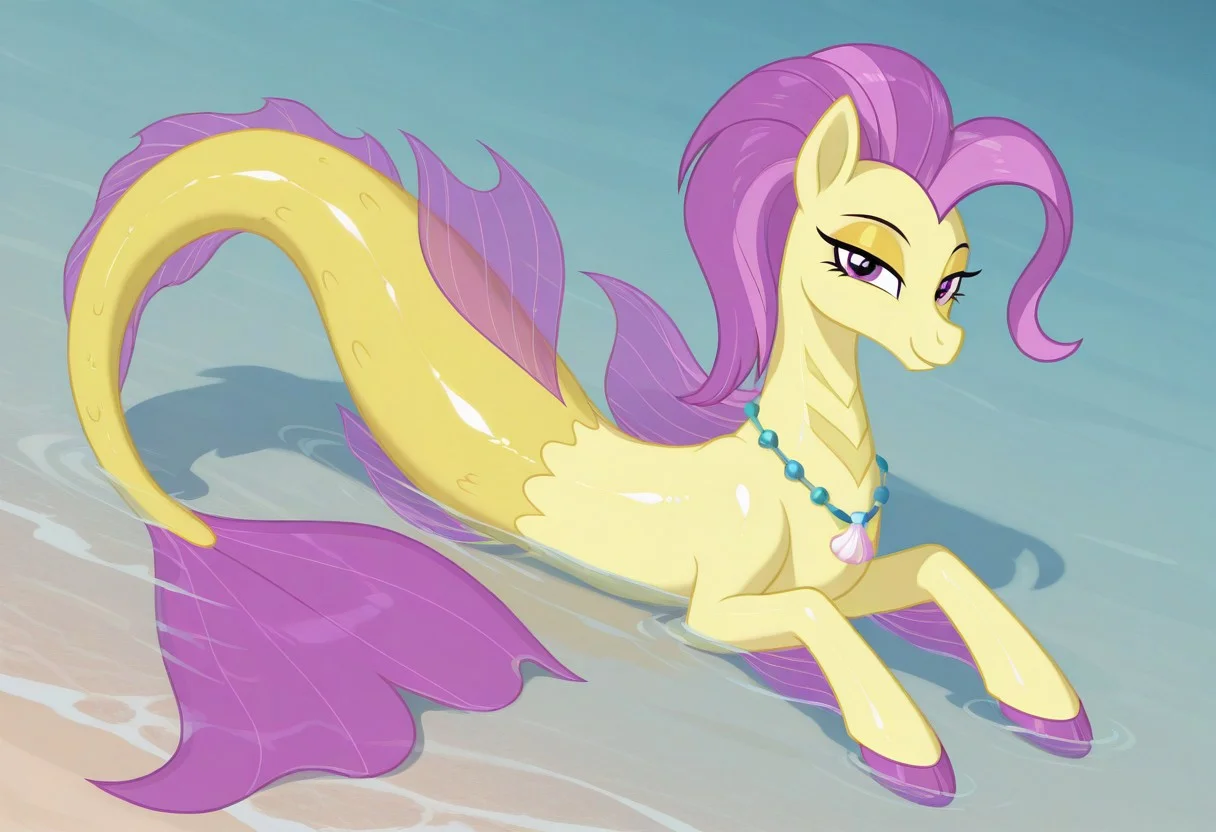 (masterpiece:1.2), (best quality:1.2), (very aesthetic:1.2), (absurdres:1.2), (detailed background), newest, sharp focus, perfect light, dynamic light, natural light, (best quality), my little pony, ocean flow, solo, water, purple eyes, 1girl, shell necklace, jewelry, no humans, purple hair, yellow skin, fins, looking at viewer, lidded eyes, yellow eyeshadow, dutch angle, shiny skin, glossy skin, shiny hair, glossy hair, full body, lying on back, beach, in water, siren, hippocampus, mermaid tail