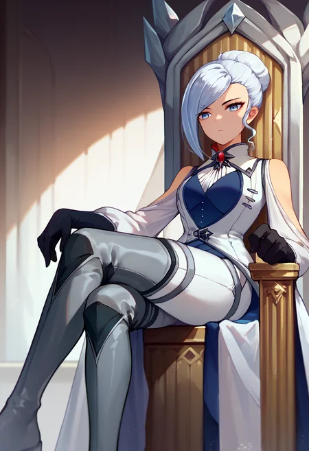 score_9, score_8_up, score_7_up, solo, 1girl, winterschnee, expressionless, looking at viewer, sitting, throne, crossed legs, single hair bun, white coat, clothing cutout, shoulder cutout, long sleeves, black gloves, white pants, grey footwear, thigh boots, indoors <lora:rwby_winterschnee_ponyXL:1>