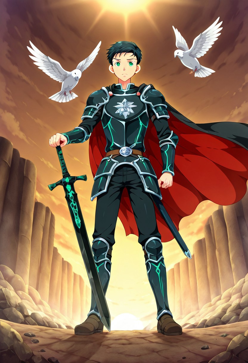 yuto_umemura, black hair, short hair, mint green eyes, he is dressed in a suit of blue iron platemail. Break. he is holding up a black coloured sword, Properly holding the sword by the hilt, his armour bears a crest of a yellow dove, fantasy armour, stylized silver dove emblems and symbols on armour and sheild, Break, epic background is a a beautiful palace, a strong wind is blowing his cape, dark blue armour