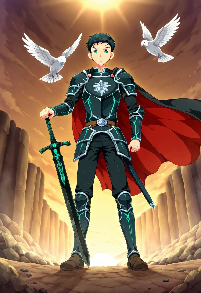 yuto_umemura, black hair, short hair, mint green eyes, he is dressed in a suit of blue iron platemail. Break. he is holding up a black coloured sword, Properly holding the sword by the hilt, his armour bears a crest of a yellow dove, fantasy armour, stylized silver dove emblems and symbols on armour and sheild, Break, epic background is a a beautiful palace, a strong wind is blowing his cape, dark blue armour