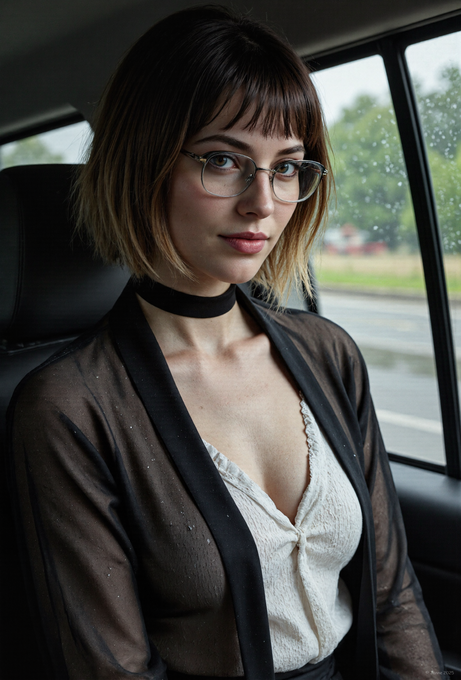 A detailed high photo. kpsX, fitzka, aidmafluxpro1.1, aidmarealisticskin, hairy armpits, AllTheWayAACups,  Cinematic photograph, full body shot, FFS style.clip_l.  40yo Finnish woman, asymmetrical face, small breasts, asymmetrical facial structure. RAW photo, side view, looking at viewer, alluring model, gothic make-up, metal frame square glasses, reflections, pointy nose, teasing smile, gradient hair color, bob cut, blunt bangs, cleavage, choker, fabric folds, blouse fabric texture, rain outside, sunset, photorealistic, film grain, color graded cinematic, atmospheric lighting, dramatic lighting, moody atmosphere, black sheer robe, white frilled blouse underneath, sitting in car, street lights, rain outside the car window, raindrops running down the car window,t5xxl.  In a raw and candid photograph, a forty-year-old hauntingly alluring Finnish woman with an asymmetrical face tilted towards the viewer. The evocative photo captures her side view as she sits inside a car, looking directly at the viewer with an intriguing glint in her eyes. Her alluring features and gothic makeup reflect off the metal frame of her square glasses, adding to the dark and mysterious feel of this photograph. Her pointy nose and teasing smile add to the air of intrigue that surrounds her. The gradient hair color, from dark roots to blonde tips, is a stunning contrast against her skin and blunt bangs. Her sharp smile speaks volumes about her unapologetic persona.  She wears a black sheer robe with a white frilled blouse underneath, allowing exposure to shape the fabric around her small nipples. Her fabric folds are highlighted by the blouse fabric texture of her white frilled blouse, which peeks out from underneath her sheer robe with a visible small nipple outline. Fabric hide small nipples under blouse. The blouse outline the shape of small nipples.  The bob cut with blunt bangs give her an air of mystery, while the choker and fabric folds add to the gothic make-up that envelops her. The raindrops running down outside of the glass of the car window are a reminder of the rain outside, adding to the atmospheric lighting of this moody atmosphere.  <lora:aidmaFLUXPro1.1-FLUX-v0.3.safetensors:0.25:0.25> <lora:aidmaRealisticSkin-FLUX-v0.1.safetensors:0.25:0.25> <lora:AllTheWayAACups_rank16_bf16.safetensors:0.25:0.25> <lora:Eldritch_Photography_for_Flux_1.3.3.safetensors:0.5:0.5> <lora:FFS_v.5.safetensors:0.25:0.25>