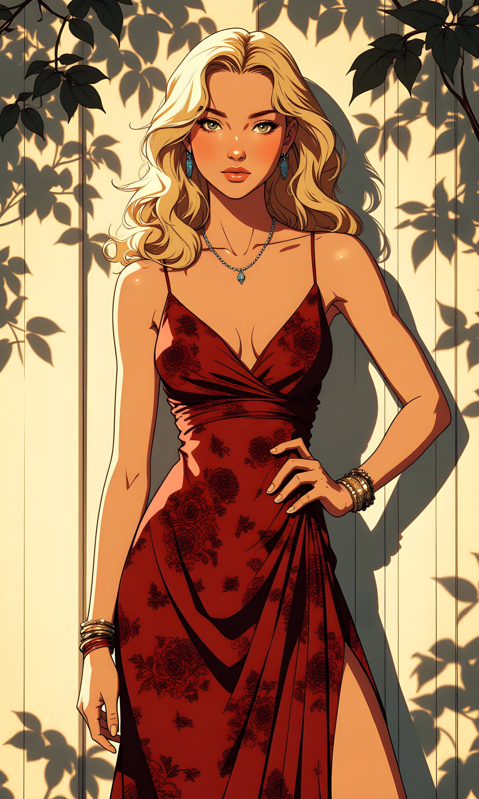 A woman with long, wavy blonde hair. She has a confident and poised demeanor, standing against a wall with shadows of leaves cast upon it.
Her facial expression is neutral and composed. Her gaze is directed straight at the camera, giving an air of confidence and intensity. The soft lighting highlights her features, adding to the overall elegance.
She is standing with one hand on her hip and the other arm relaxed by her side. Her posture is upright and graceful, conveying a sense of confidence and poise. The way she stands suggests she is comfortable and at ease in her surroundings.
She is wearing a deep red, floral-patterned dress with thin straps and a high slit on one side. The dress fits closely to her body, accentuating her figure. She also wears delicate jewelry, including a necklace and bracelets, which add a touch of glamour to her outfit.
The camera is positioned at eye level, capturing the woman from a frontal perspective. This angle allows for a clear view of her face and upper body, emphasizing her pose and attire. The framing focuses on her, with the background serving as a complementary element.
The lighting in the image is soft and diffused, likely from natural daylight filtering through nearby foliage. The light highlights her features and the details of her clothing, creating gentle shadows that add depth and dimension. The interplay of light and shadow enhances the texture of the dress and the smoothness of her skin.
The background features a plain wall with shadows of leaves cast upon it, suggesting the presence of trees or plants nearby. The shadows create a pattern that adds visual interest and a sense of depth to the scene. The blurred effect of the background helps keep the focus on the subject while still providing context.
The composition is balanced, with the woman centered in the frame. The shadows of the leaves on the wall serve as a strong visual element, leading the viewer's eye towards the subject. The overall composition captures a moment of quiet confidence in a serene setting, with the subject's pose and expression drawing the viewer in.
BREAK anime, d13s3lp2nk, bboil artist style, OBdonman, Anime art, <lora:FLUX\Anime Art V3:0.2>, <lora:FLUX\Synesthesia:0.2>, <lora:FLUX\RetroAnimeS1.1:0.5>, <lora:FLUX\Flux-jijia:0.1>, <lora:FLUX\It's a LoRA for portraits, BUT! actually specialized in backgrounds. v1.0:0.1>, <lora:FLUX\GLSHS:0.2>, <lora:FLUX\Dieselpunk Delight - s0_9 g4:0.4>, <lora:FLUX\OBdonman, anime0style portrait:0.1>