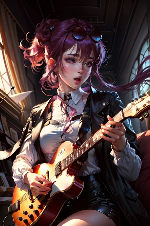 beautiful, (masterpiece:1.2), (best quality:1.2),solo,1girl,star-kafka,purple hair,eyewear on head,bangs,purple eyes,long sleeves,holding instrument, guitar, playing instrument, open mouth, <lora:kafka-v1.6-lora-anylora-128dim-block:0.7>