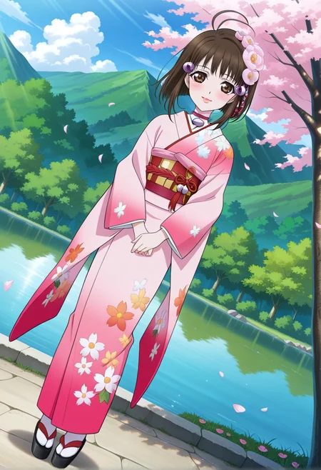 japanese village, pond, forest, flowers, clouds, day, flower petals,
light smile, blush, standing,
full body, dynamic angle,
BREAK,
<lora:reala_illustriousXL_v01:0.95>
realarnd, realakimono, brown hair, hair ornament, brown eyes, ahoge, short hair,
pendant choker, kimono, floral print, pink kimono, sash, hair flower,
white tabi, pink geta,, source_anime, very aesthetic, anime coloring, masterpiece,
best quality, amazing quality, ultra detailed, very aesthetic,
detailed background,
BREAK,