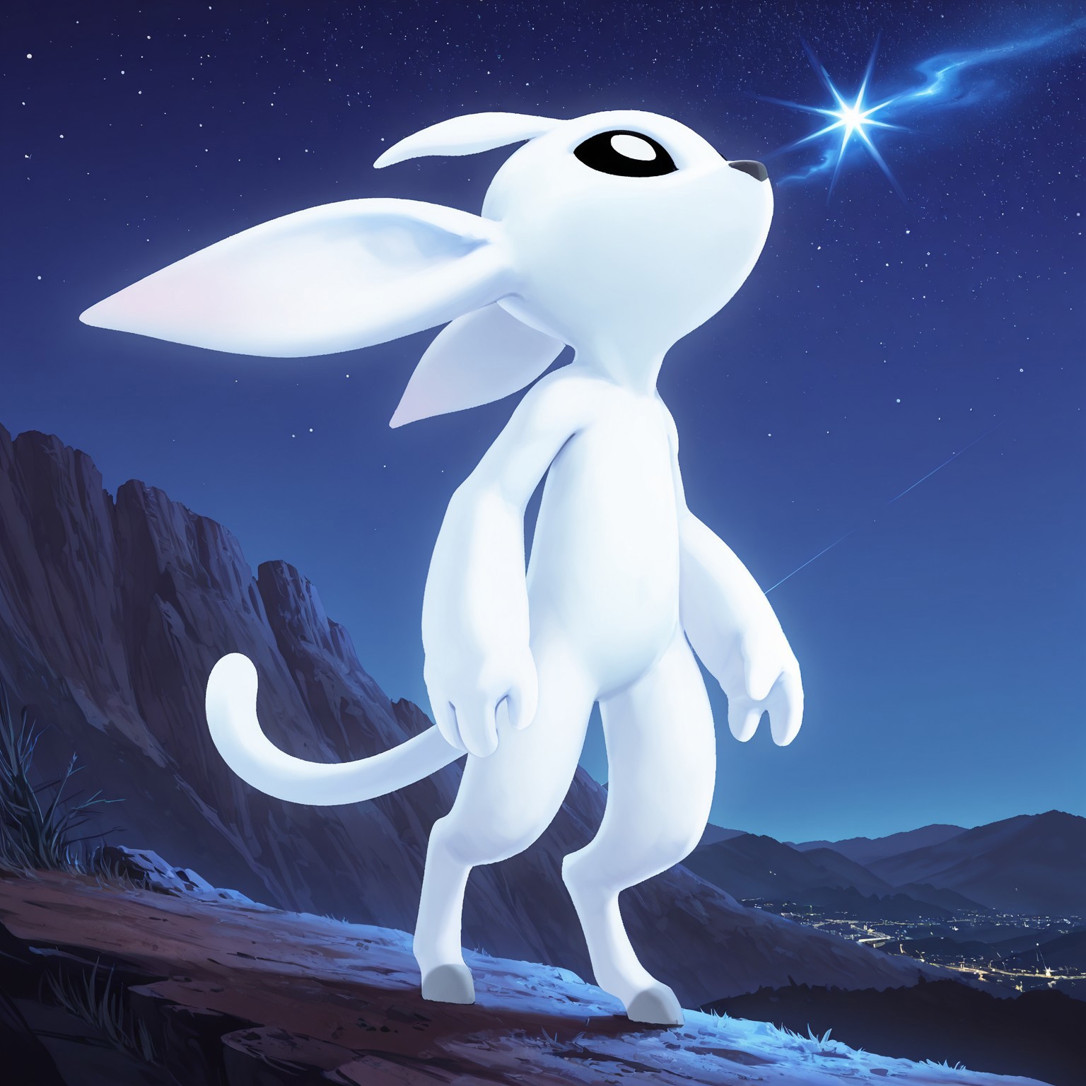2d, Solo, 1boy, Ori, creature, bipedal, digitigrade, black nose, white body, black sclera, white eyes, large ears, tail, white antennae, white hooves

BREAK looking up, on cliff, outside, night, stars in the sky, standing, 

BREAK best quality, amazing quality, very aesthetic, absurdres, newest, masterpiece  